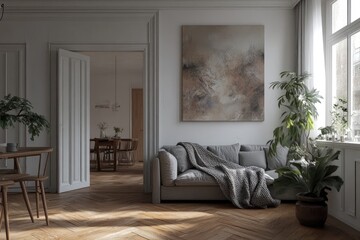 Cozy light-filled living room with open-plan dining area