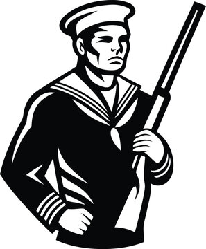 recommend clip art: A man in a sailor's uniform with gun silhouette vector illustration, a man in a sailor's uniform with gun line art vector icon design