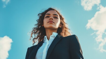 A confident young woman stands against a bright blue sky, embodying ambition and professionalism. Her stylish suit reflects modern business attire.