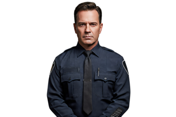 Portrait of a senior police officer or security worker in uniform, transparent PNG, isolated, cut-out

