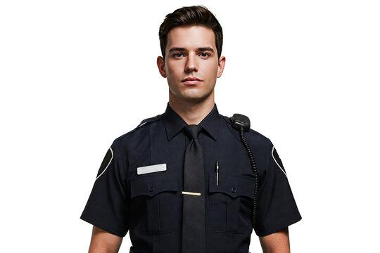 Portrait of a handsome police officer or security worker in uniform, transparent PNG, isolated, cut-out
