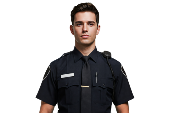 Portrait of a handsome police officer or security worker in uniform, transparent PNG, isolated, cut-out
 - Powered by Adobe
