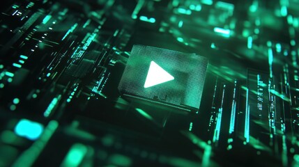 A digital abstract representation of a play button set within a network of glowing green circuits, symbolizing modern technology and digital media.