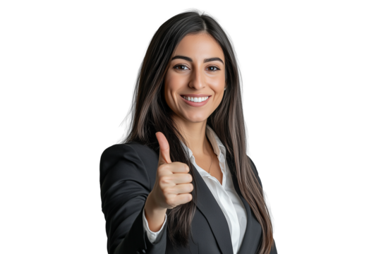 young business woman showing thumbs up, transparent PNG, isolated, cut-out