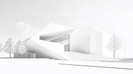 Monochromatic architectural rendering of a modern building with minimalist aesthetic and trees