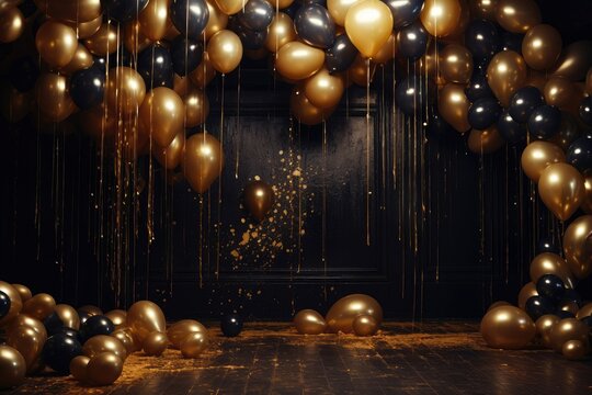 Gold and black party balloons decoration on dark background. Luxury celebration setup with metallic balloons and ribbons. Festive event decor for New Year party or prom