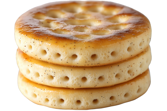 A stack of three golden-brown crumpets, showcasing their soft texture and holes.