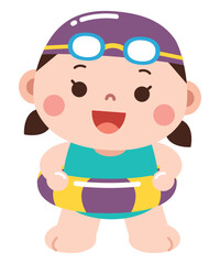 A cheerful young girl wearing a swimsuit, swimming cap, and goggles, holding a colorful float ring, ready for a fun day at the pool or beach