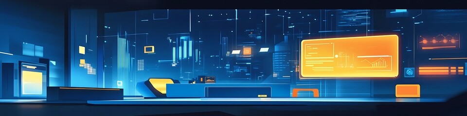 Fototapeta premium Futuristic Office Space with Digital Interface Displays