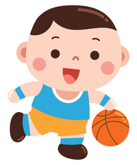A charming and playful cartoon illustration of a young boy dribbling a basketball