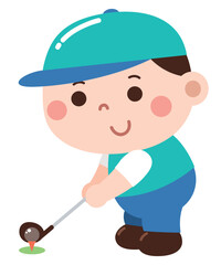 An adorable cartoon illustration of a young boy playing golf