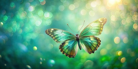 A shimmering emerald butterfly gracefully floats amidst a bokeh of vibrant green and golden lights, a breathtaking spectacle of nature's artistry.