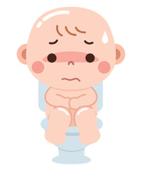 A cute yet expressive illustration of a baby sitting on a toilet, struggling with constipation