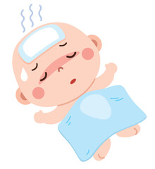 Sick Baby with Fever Lying in Bed with Cooling Pad

