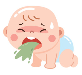 A cute yet concerning digital illustration of a baby crawling while vomiting green liquid