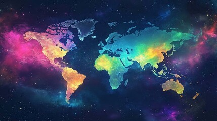Fototapeta premium A vibrant world map glows amidst a cosmic nebula in shades of the rainbow