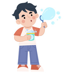 Illustration of a boy blowing bubbles with soap