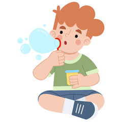 Illustration of Little Boy Blowing Bubbles with Soap