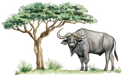 Fototapeta premium Watercolor Painting of African Buffalo Under a Tree