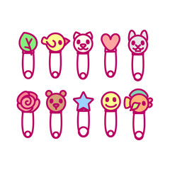 vector cartoon cute baby shower clip art isolated on transparent background. Cute safety pins with animals. 
