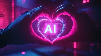 A futuristic representation of artificial intelligence, featuring a glowing heart symbol with the letters 'AI' at its center, surrounded by vibrant colors.