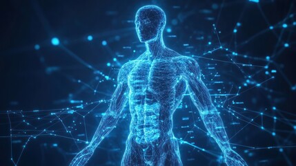 A futuristic visualization of the human body, showcasing an intricate network of interconnected lines, highlighting anatomy and technology.