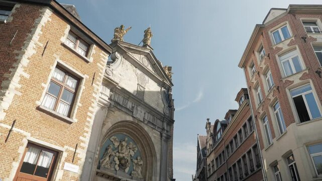 Push-in gimbal shot of the Baroque portal at Sint Paulus Church in Antwerp
