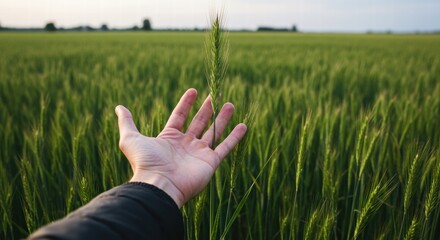 Photo of a man's hand reaching for green grass, creating a calm and comfortable atmosphere.