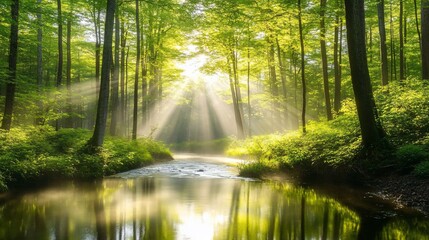 Sunbeams illuminate a tranquil forest stream.