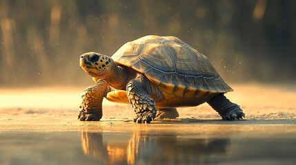 Turtle walking near water at sunrise; nature, wildlife photography for websites, blogs