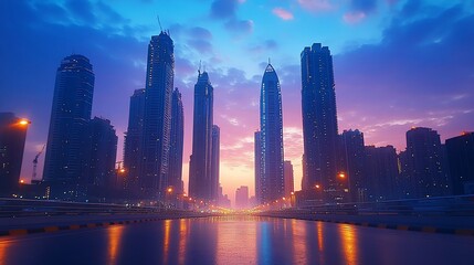 Obraz premium A breathtaking cityscape at dusk with towering skyscrapers and reflective wet roads