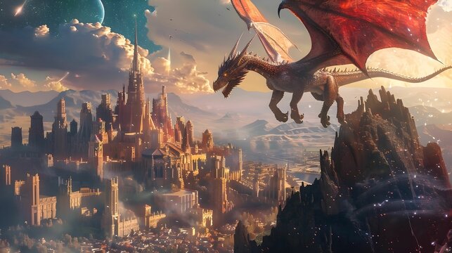  Dragon con castillo medieval