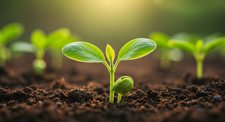 Fototapeta premium Green Seedling Growing in Soil with Sunlight