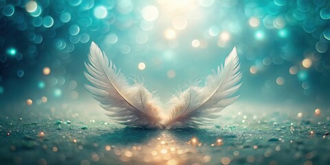 Fototapeta premium Two Delicate White Feathers Resting on Sparkling Surface, Illuminated by Soft Light and Enveloped in a Dreamlike, Teal Bokeh Background
