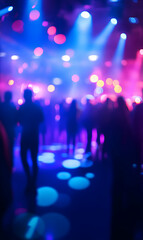 Energetic party atmosphere with vibrant lights and silhouettes of people enjoying music