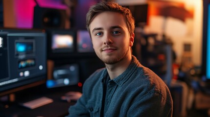 Young Man in Digital Studio Surrounded by Monitors and Editing Equipment