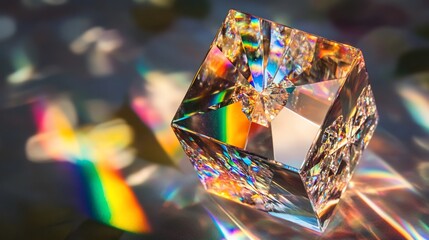 Prismatic glass cube refracting light into a spectrum of colors casting rainbows on the background