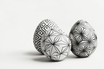 Fototapeta premium Bright white backdrop, minimalist monochrome geometric patterned eggs.