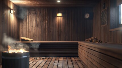 Relaxing Wooden Sauna Interior:  A Tranquil Escape in Warm Lighting