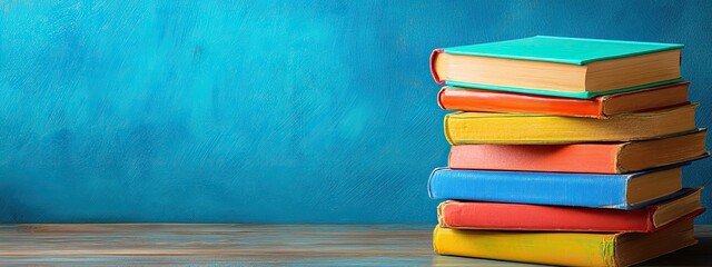 Colorful Books Stacked on Wooden Table Against Teal Wall (1)