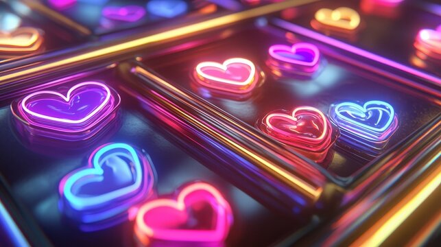 Retro style Valentines packaging with neon heart shapes and glowing light trails, creating a nostalgic vibe