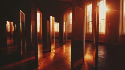 A mesmerizing display of reflections as sunlight filters through tall windows, casting warm hues on glass panels in an elegant architectural space.