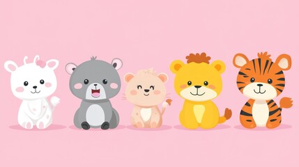 Obraz premium Cute cartoon animals sitting in a row on a pink background.