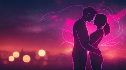 Romantic sunset scene backdrop with neon pink outlines of couples, dreamy glowing light, soft shadows