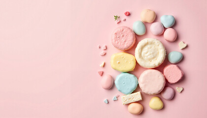 Colorful pastel candies arranged on pink background
