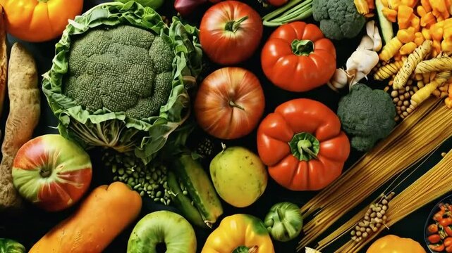 Colorful vegetables, pasta, fruits overhead shot, dark background, healthy food recipe