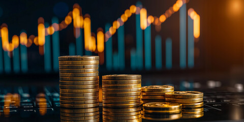 Stacked Golden Coins on a Dark Background with Financial Graphs and Candlestick Charts Depicting Economic Growth and Investment Opportunities