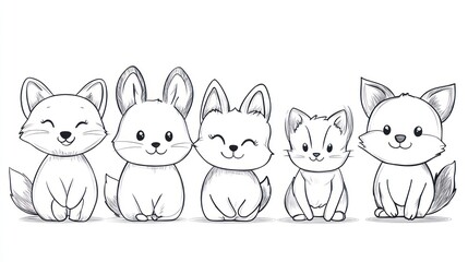 Cute cartoon animals, sitting in a row, outlined in black, with simple features.