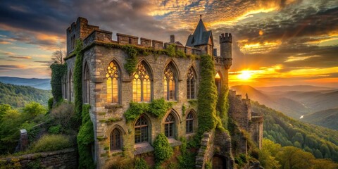 Enchanted Castle at Sunset A Majestic Stone Structure, Draped in Verdant Vines, Overlooks a Serene Valley Bathed in Golden Hour Light