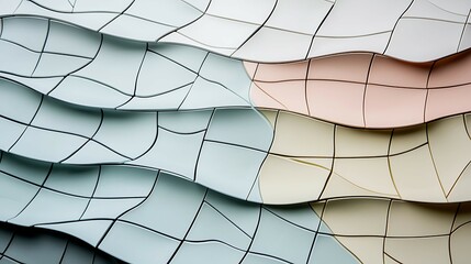 Wavy layers of textured paper in soft pastel colors, featuring grid patterns that create a visually appealing backdrop. dynamic dimensions depth angles